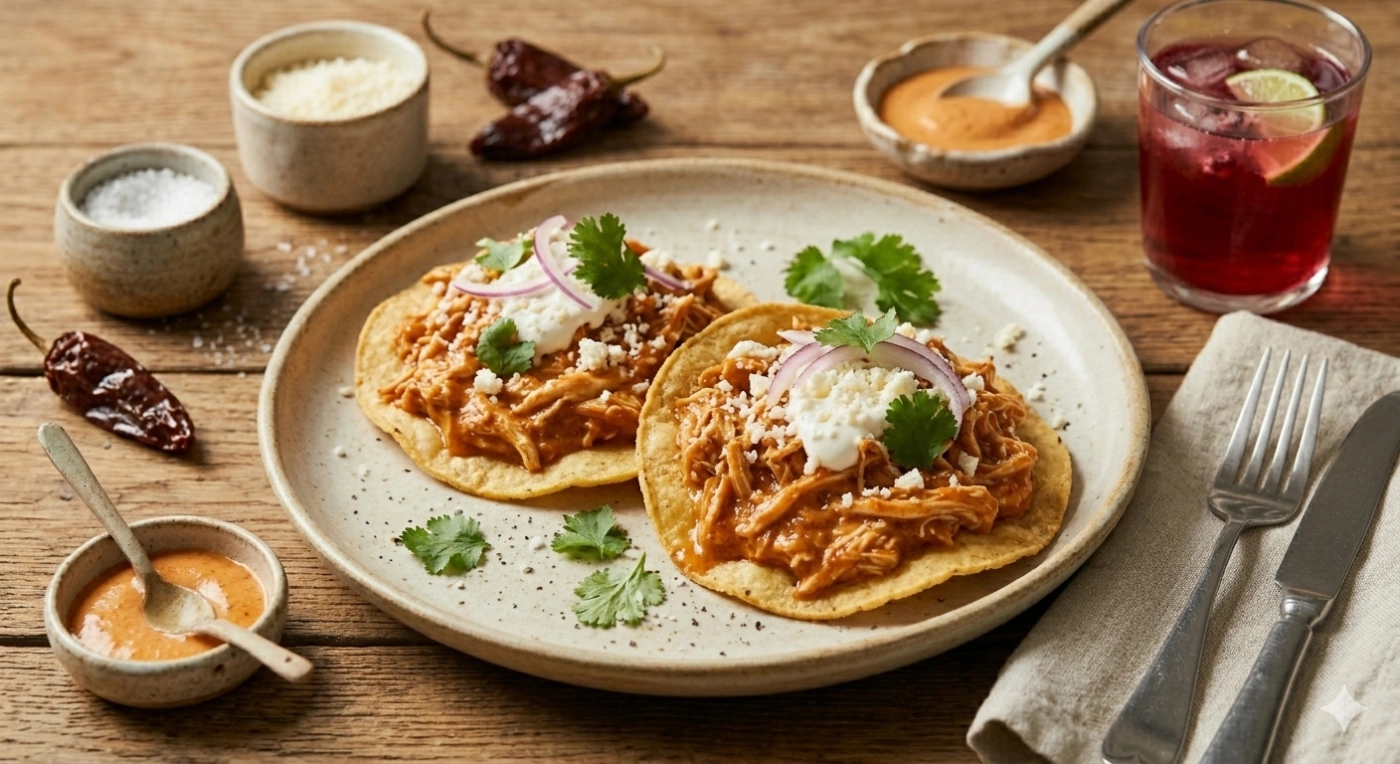 Tostadas con tinga de pollo cremosa al chipotle con crema
