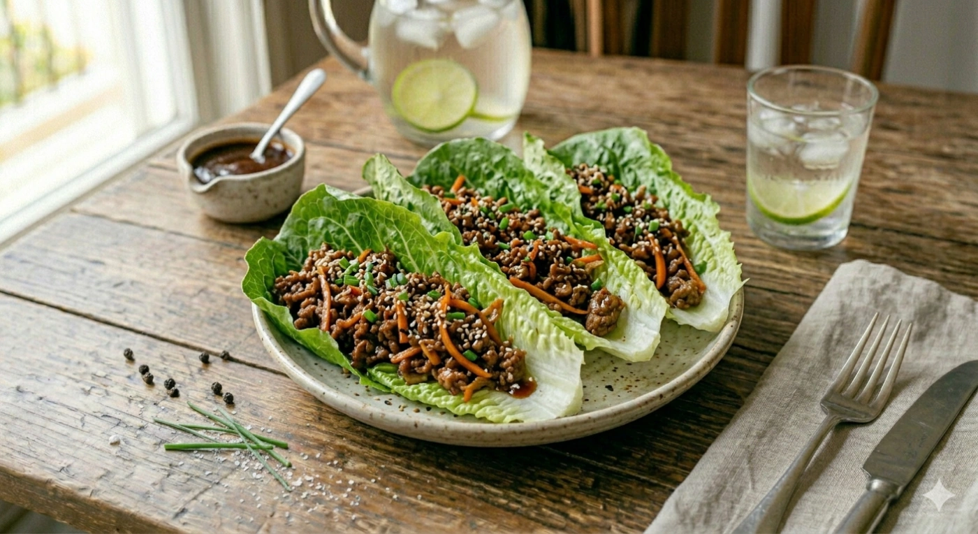 Wrap de hojas de lechuga relleno de carne molida estilo asiático con zanahoria y ajonjolí