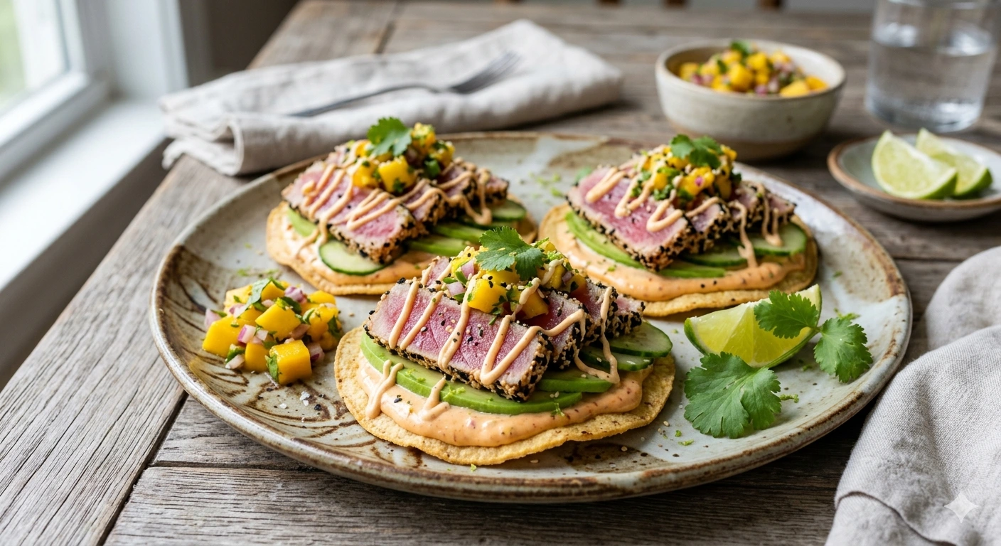 Tostadas gourmet de atún sellado con mayo de chipotle-limón y mango picante