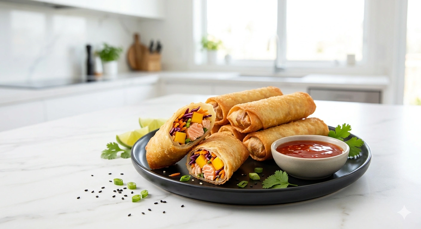 Spring Rolls Crujientes de Salmón y Mango con Salsa de Chile Dulce