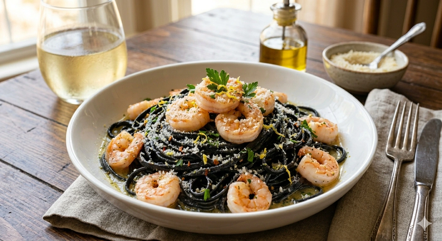 Pasta Negra con Camarones al Limón y Vino Blanco