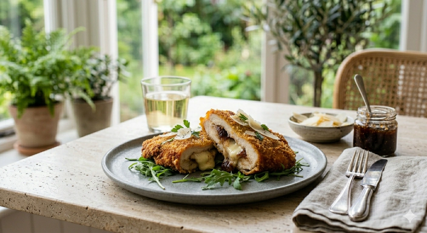 Milanesa de Pollo Rellena de Queso Brie y Mermelada de Higo