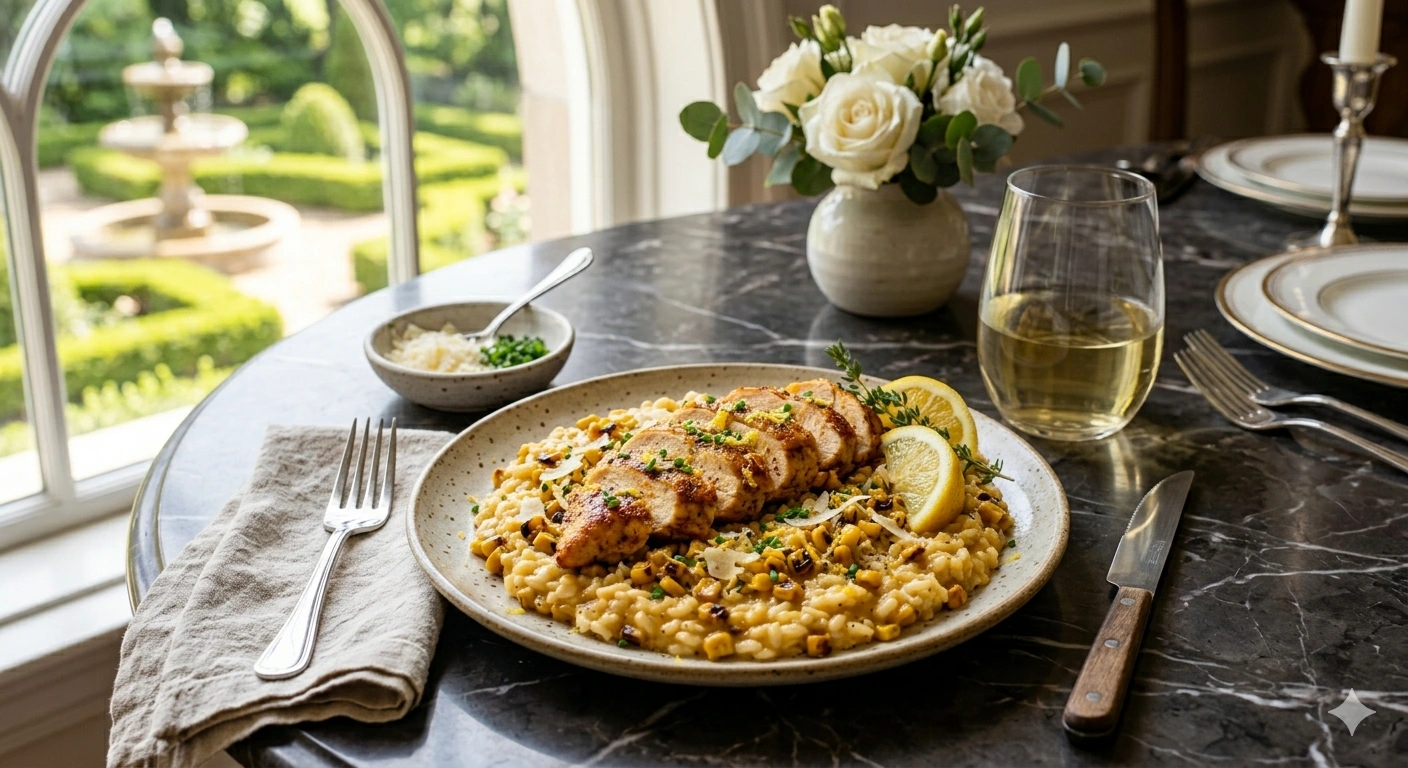 Pollo al Limón con Risotto Cremoso de Elote Asado y Parmesano