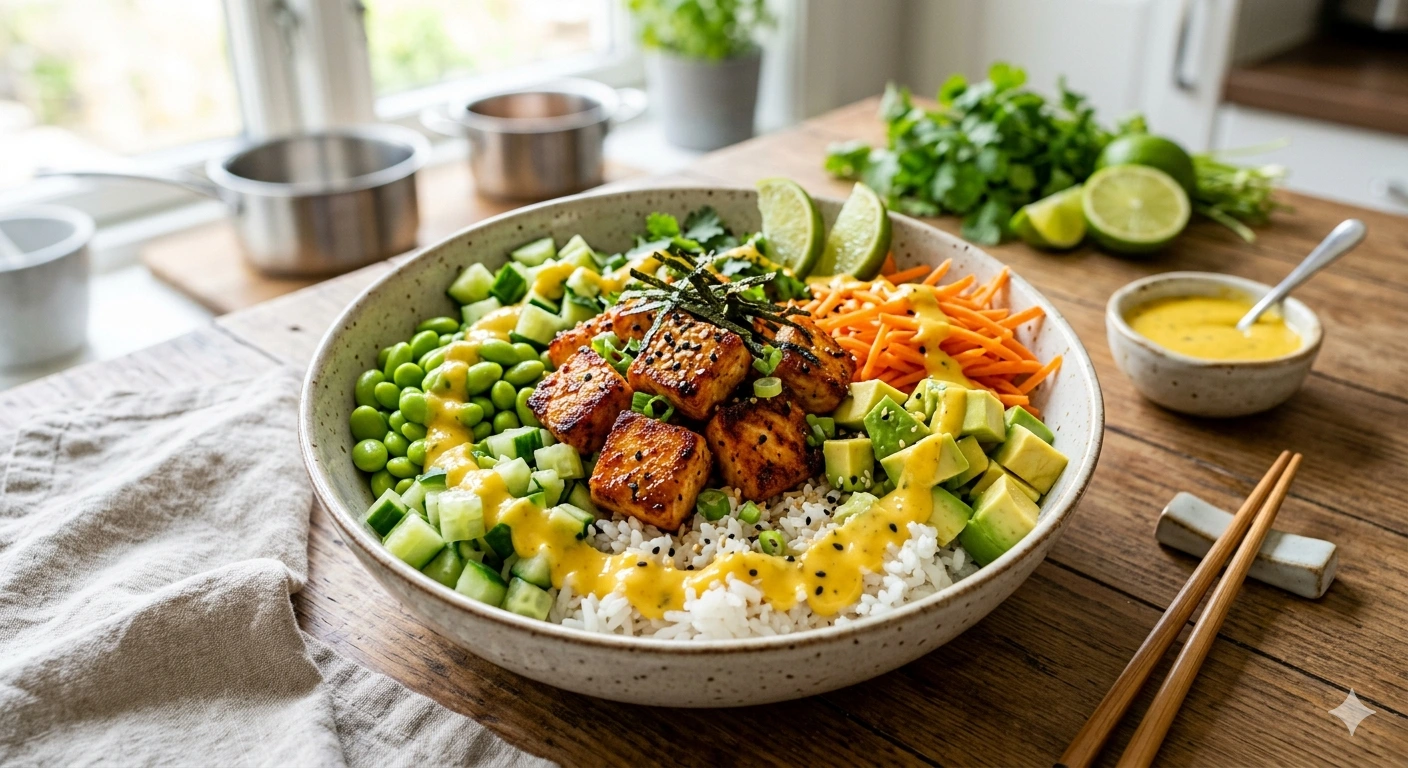 Poke Bowl de Salmón Crujiente con Aderezo Cremoso de Mango