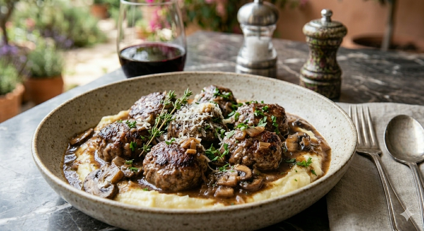 Albóndigas de Ribeye en Salsa de Vino Tinto y Champiñones