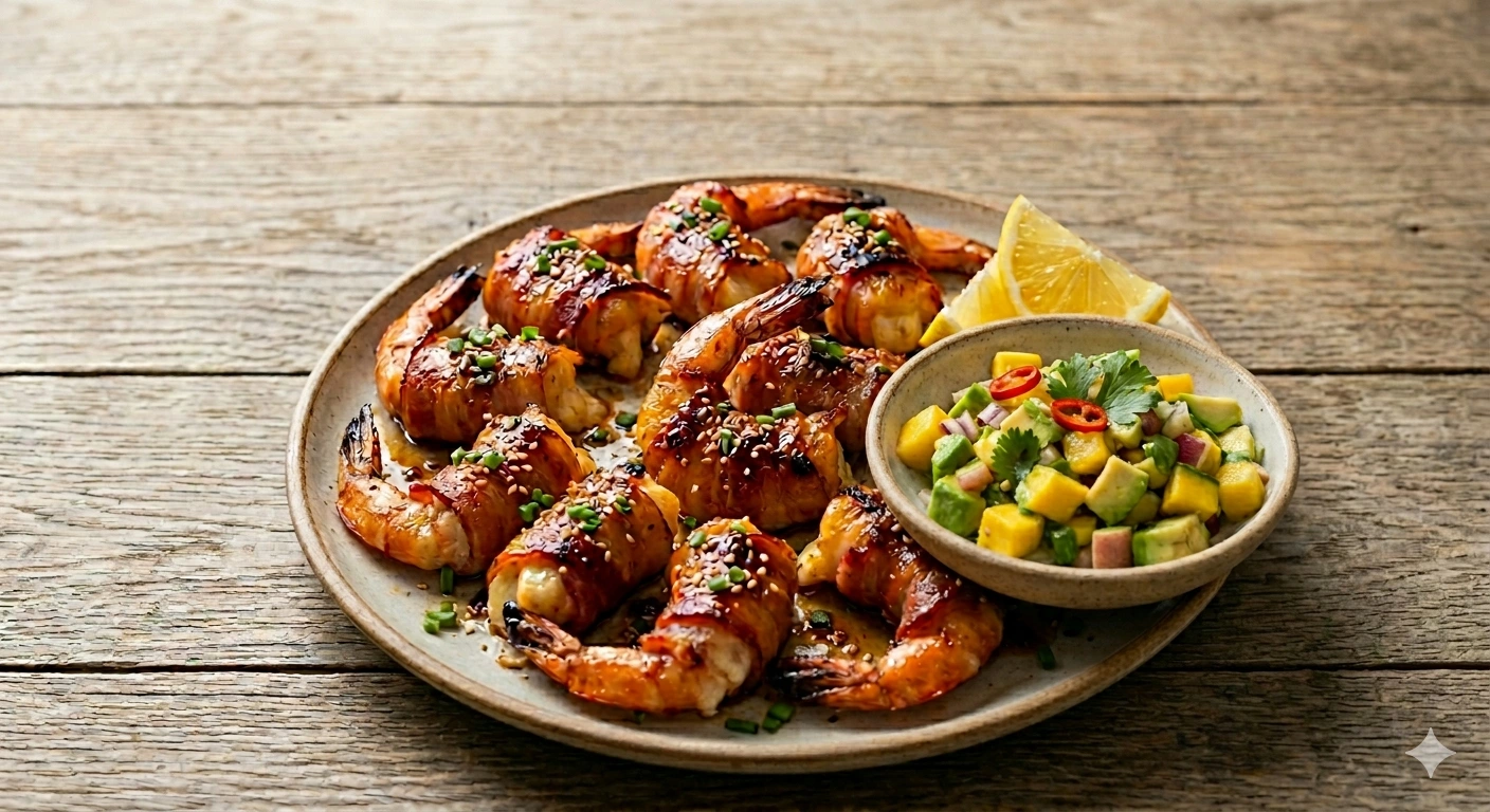 Camarones Rellenos de Queso Crema Envuelto en Tocino con Glaseado de Chipotle y Miel