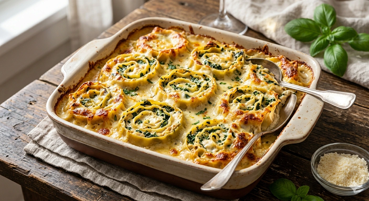 Lasaña Enrollada de Pollo Alfredo y Espinacas