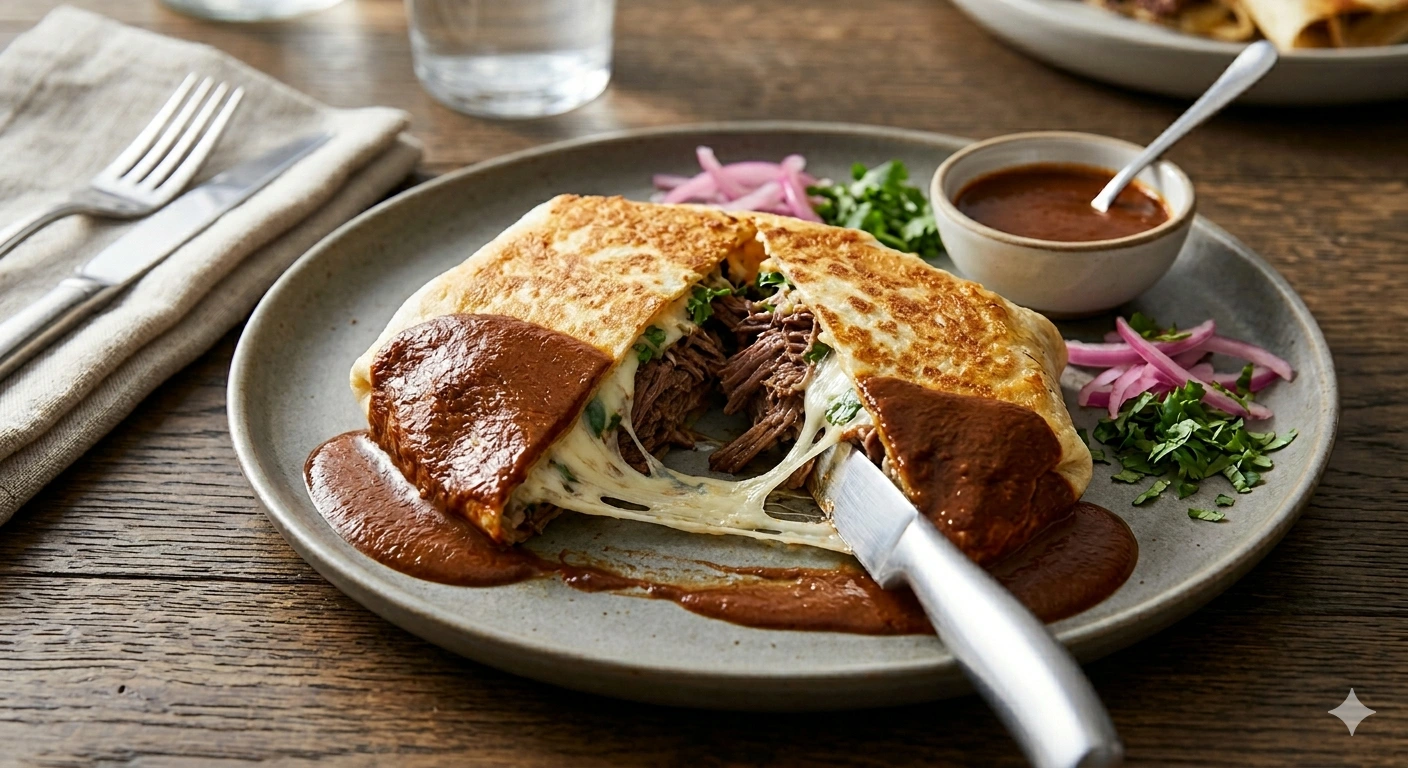 Volcán de Short Rib Deshebrado con Queso Oaxaca y Salsa de Chile Ancho