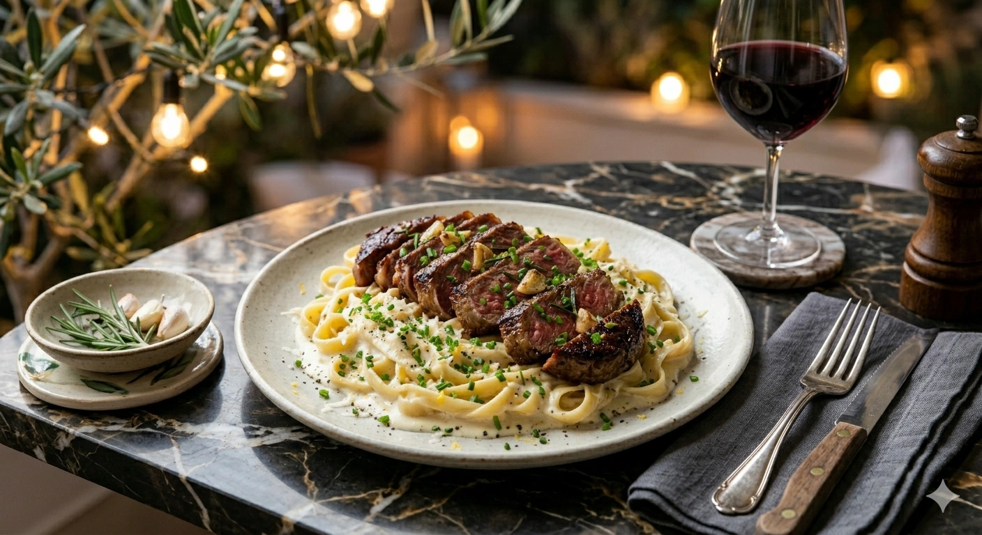 Fettuccine Cremoso de Queso de Cabra con Steak a la Mantequilla de Ajo