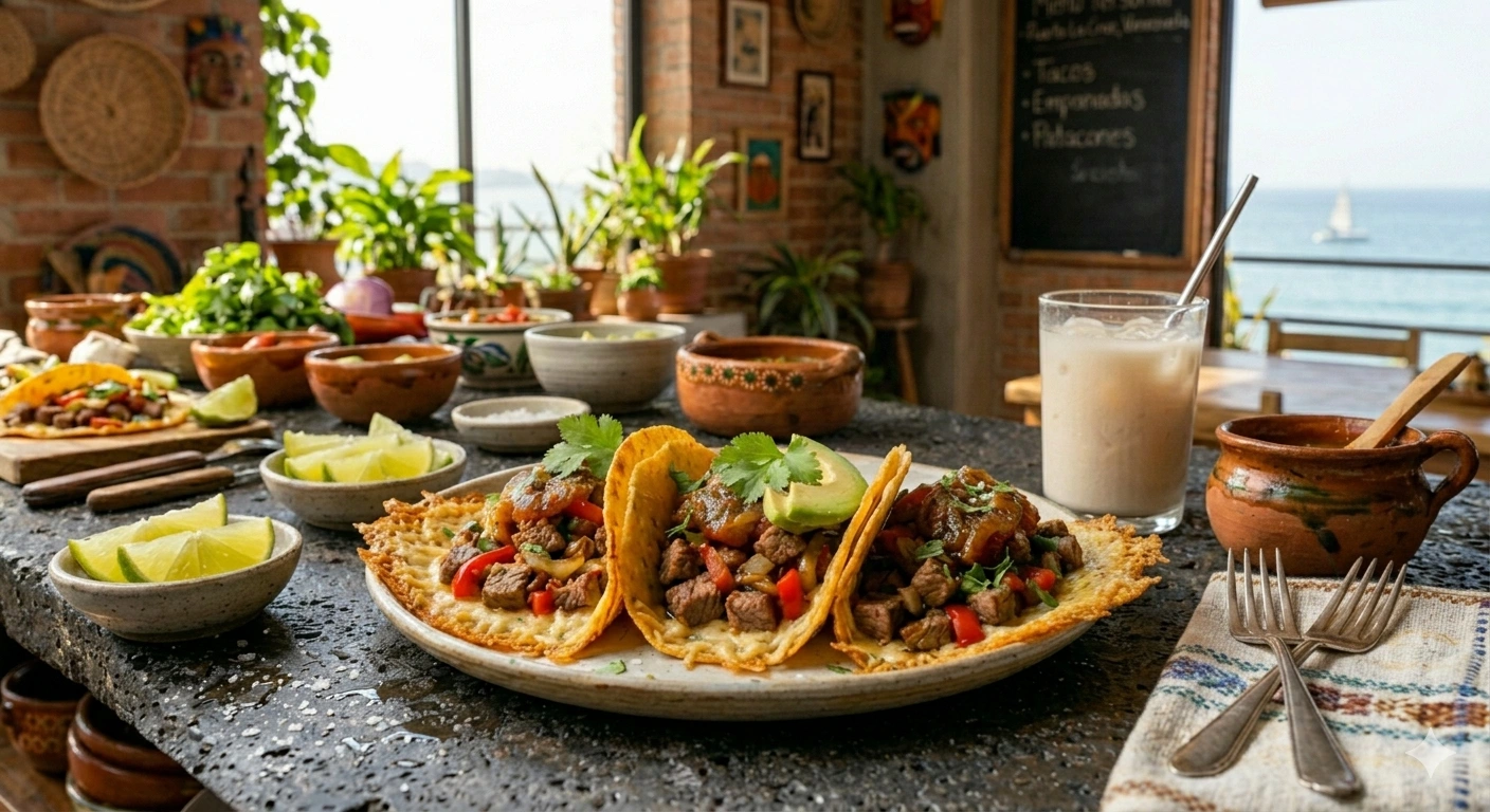 Tacos de Ribeye con Costra de Queso y Salsa de Chile Caramelo