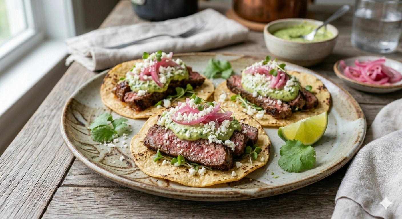 Tacos de Ribeye con Chimichurri Cremoso de Aguacate y Cebolla Morada Encurtida