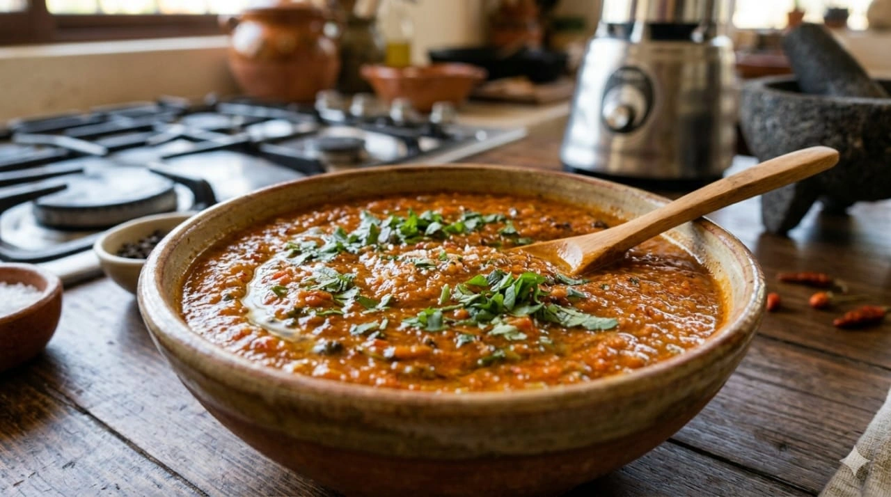Salsa de chiltepín asado y cítricos servida en un recipiente con cilantro fresco