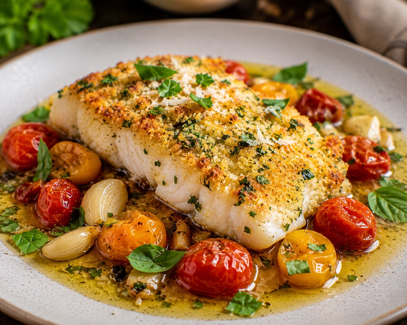 Bacalao en Costra de Parmesano con Salsa de Mantequilla de Tomates Cherry Confitados 16 Bacalao En Costra De Parmesano Con Salsa De Mantequilla De Tomates Cherry Confitados