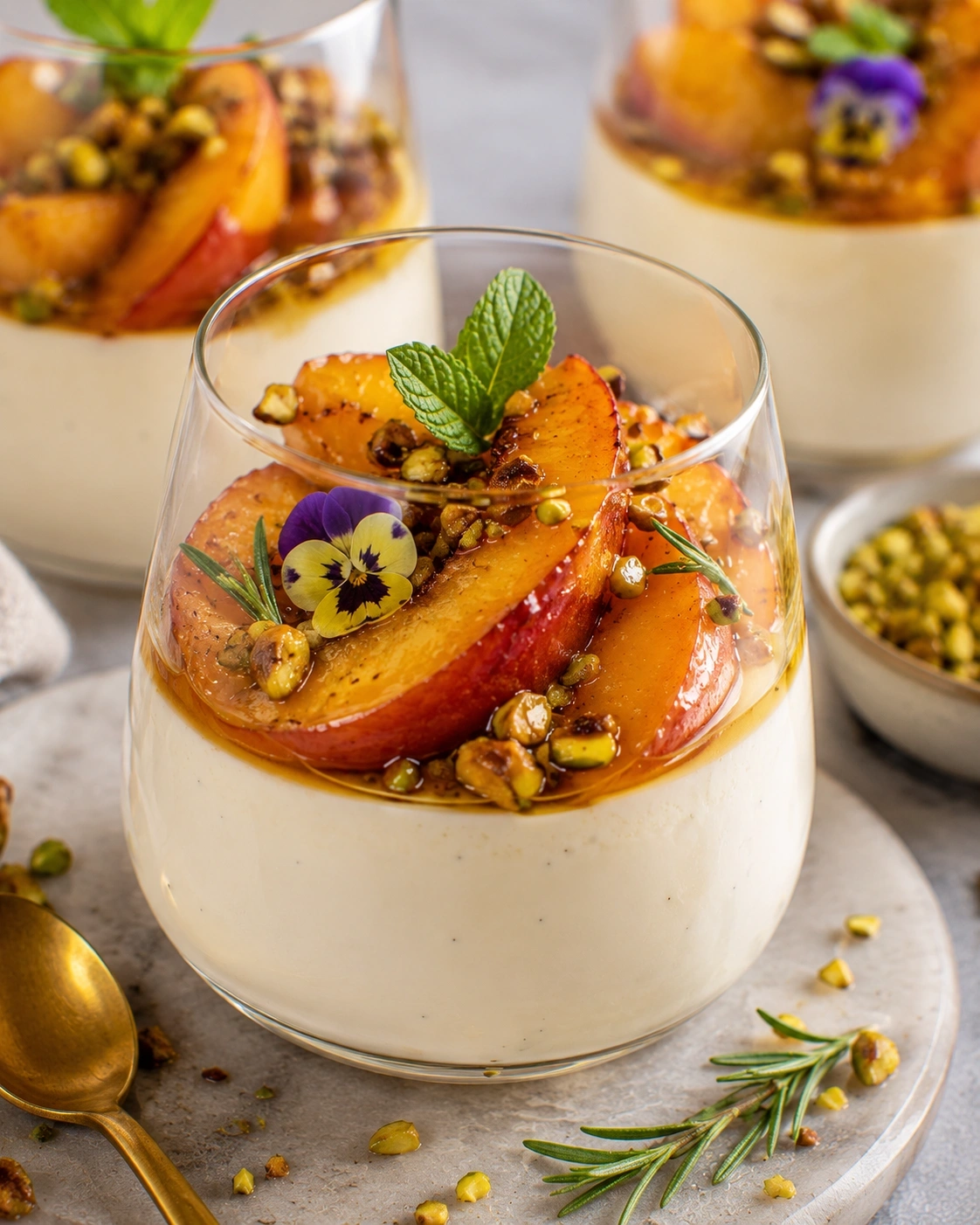 Panna Cotta De Vainilla Con Duraznos Rostizados Al Romero Y Pistaches Garrapiñados