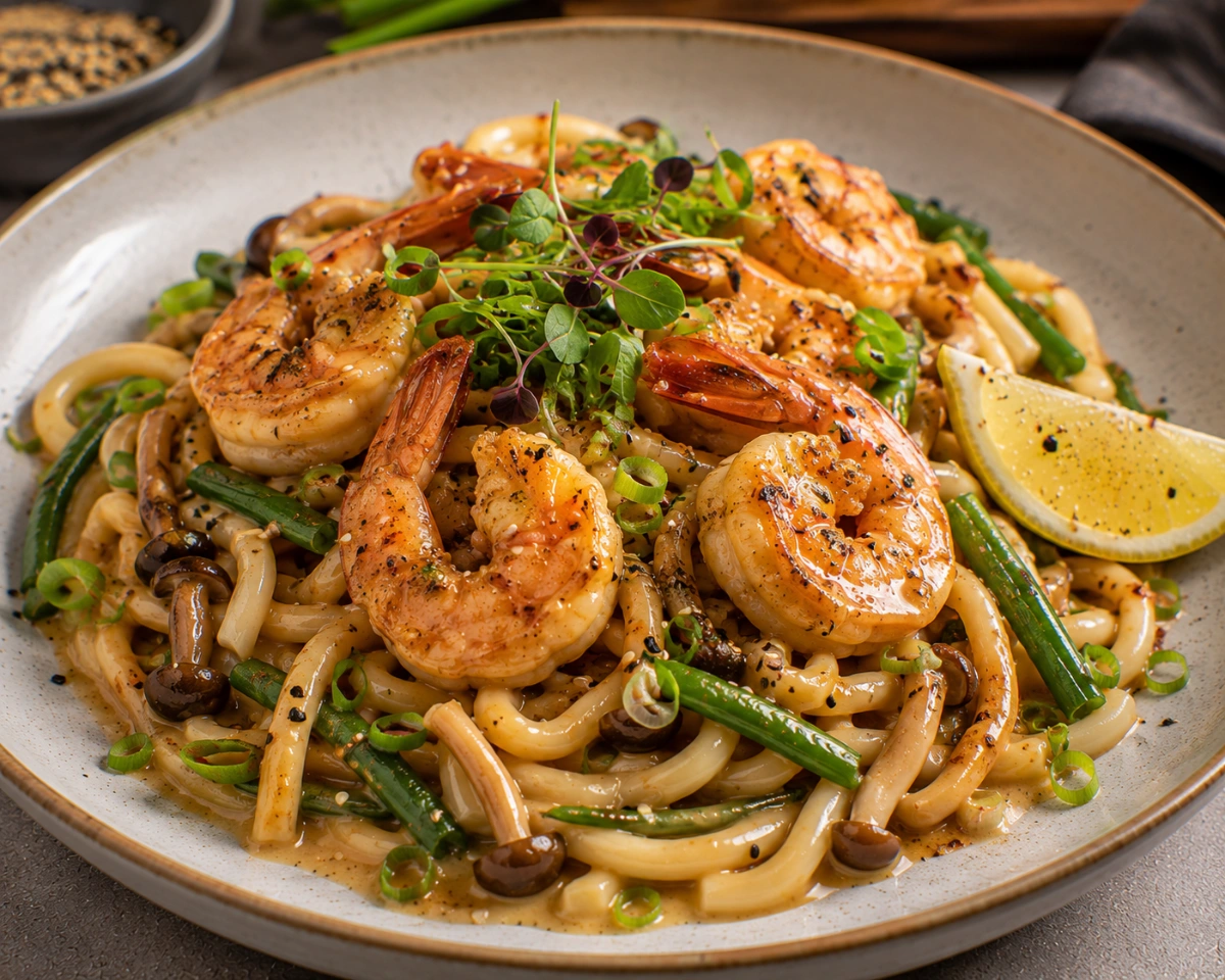 Camarones en Mantequilla de Miso con Fideos Udon y Hongos Shimeji servido en casa con sus ingredientes principales y presentación final