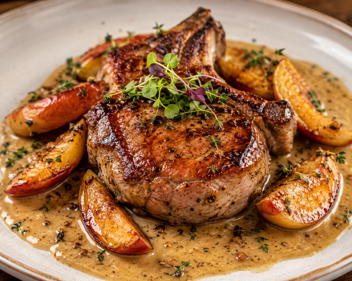 Chuletas de Cerdo con Salsa de Sidra y Manzana Caramelizada servido en casa con sus ingredientes principales y presentación final