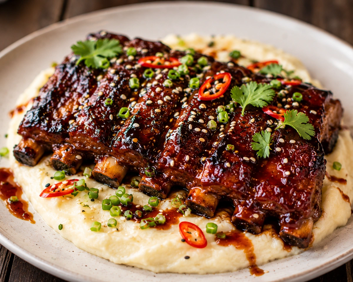 Costillas de Cerdo Estilo Coreano con Puré de Papa Sedoso servido en casa con sus ingredientes principales y presentación final