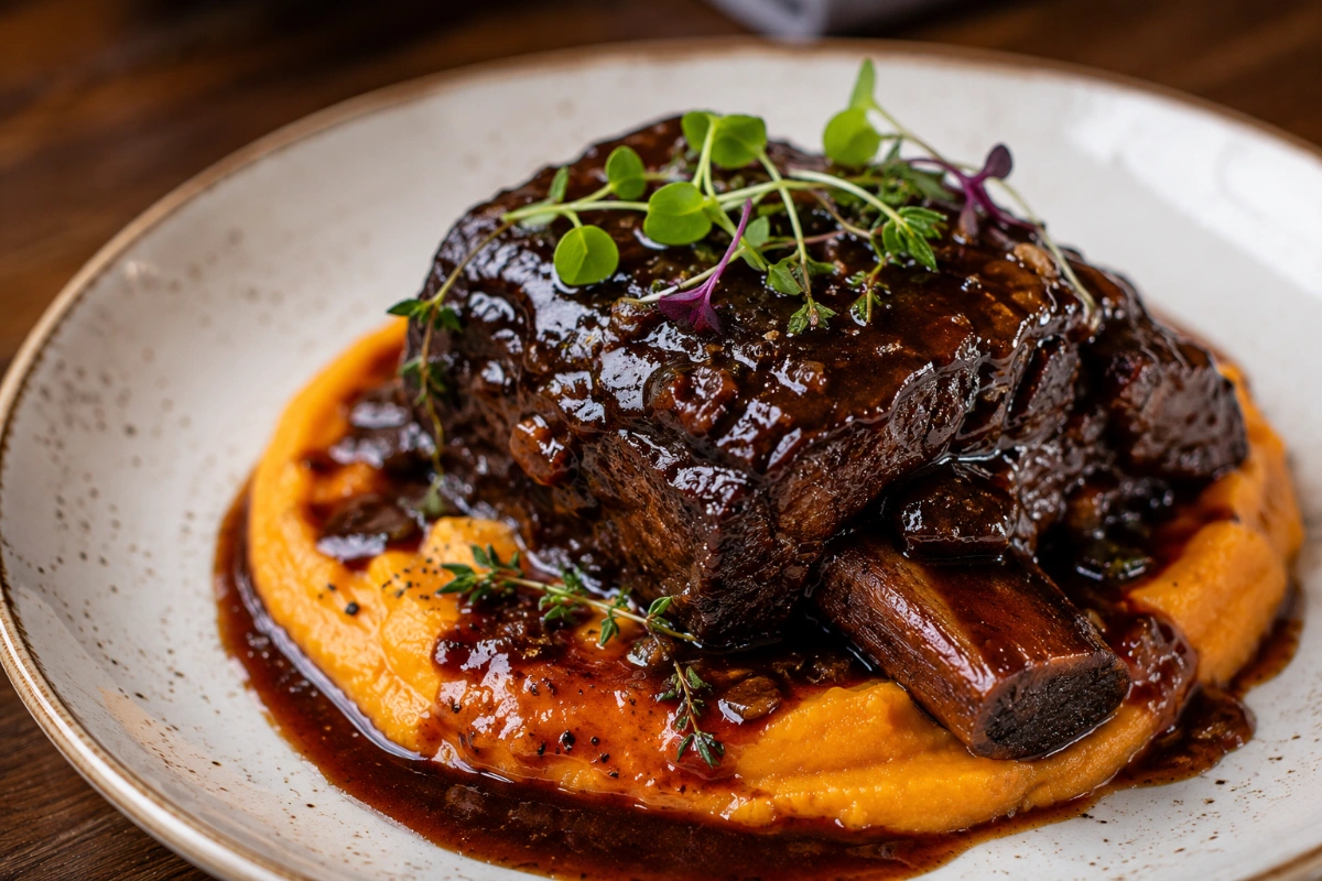 Costillas de Res al Vino Tinto con Puré de Camote Ahumado servido en casa con sus ingredientes principales y presentación final