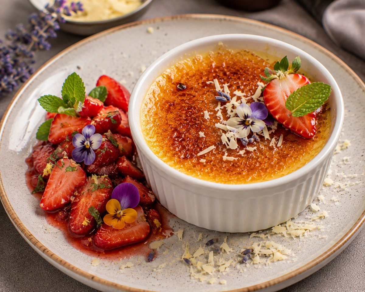 Crème Brûlée de Chocolate Blanco y Lavanda con Fresas Maceradas servido en casa con sus ingredientes principales y presentación final