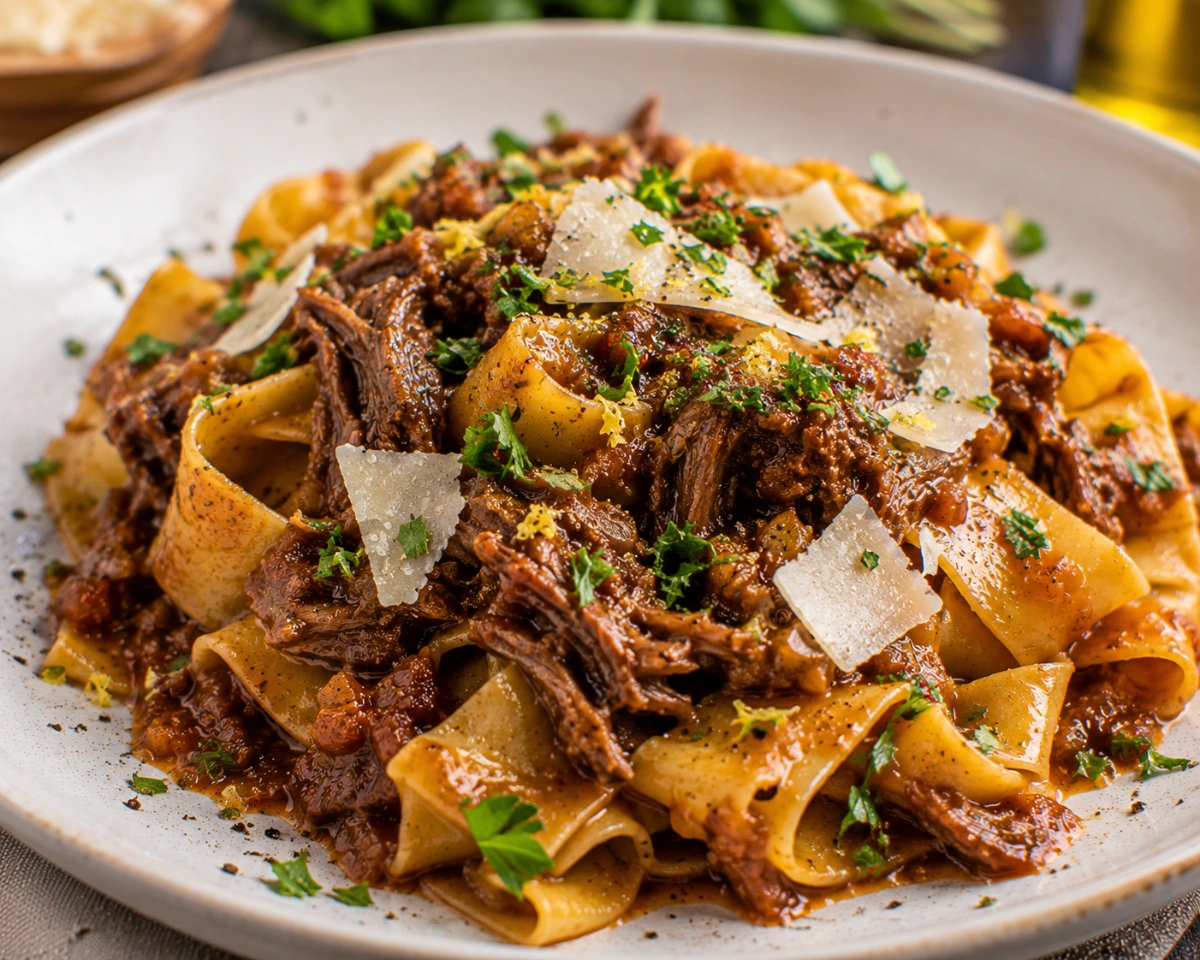 Pappardelle con Ragú de Costilla Braseada y Gremolata de Limón servido en casa con sus ingredientes principales y presentación final
