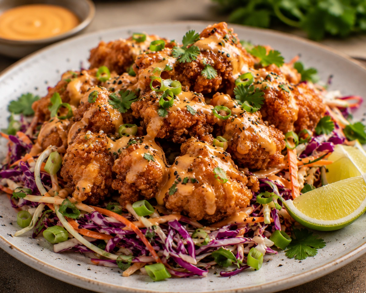 Pollo Crujiente con Salsa Bang Bang de Miel Fermentada y Ensalada Asiática servido en casa con sus ingredientes principales y presentación final