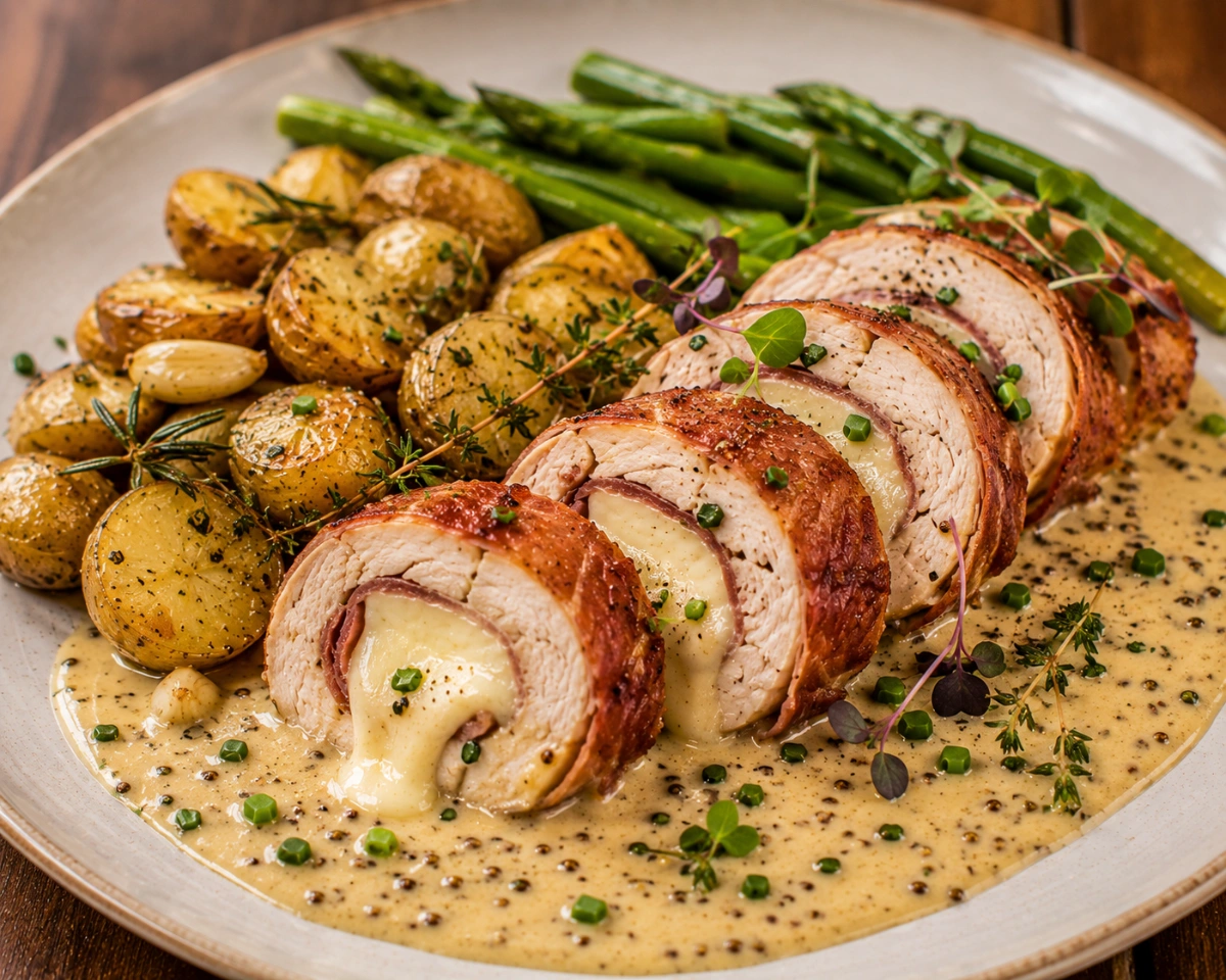 Rollo de Pollo a Mi Estilo con Salsa de Gruyère y Mostaza Antigua servido en casa con sus ingredientes principales y presentación final