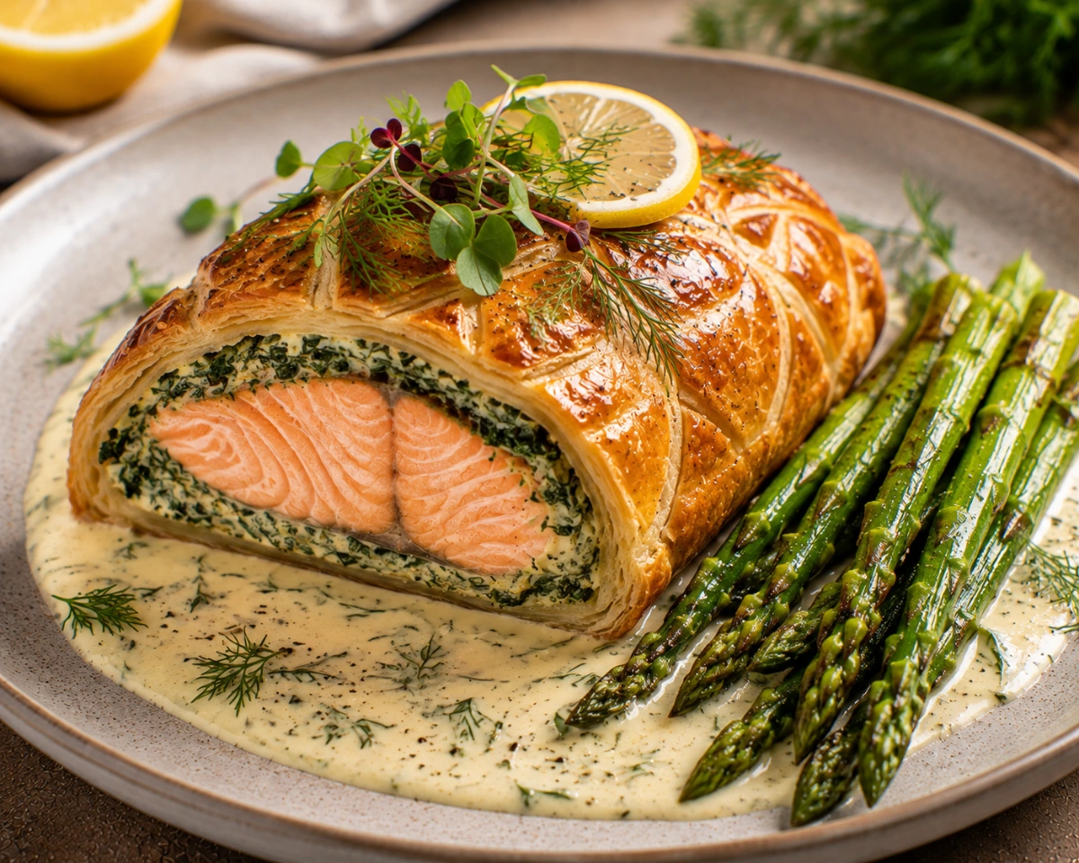 Salmón Wellington con Espinacas Cremosas y Salsa de Eneldo servido en casa con sus ingredientes principales y presentación final