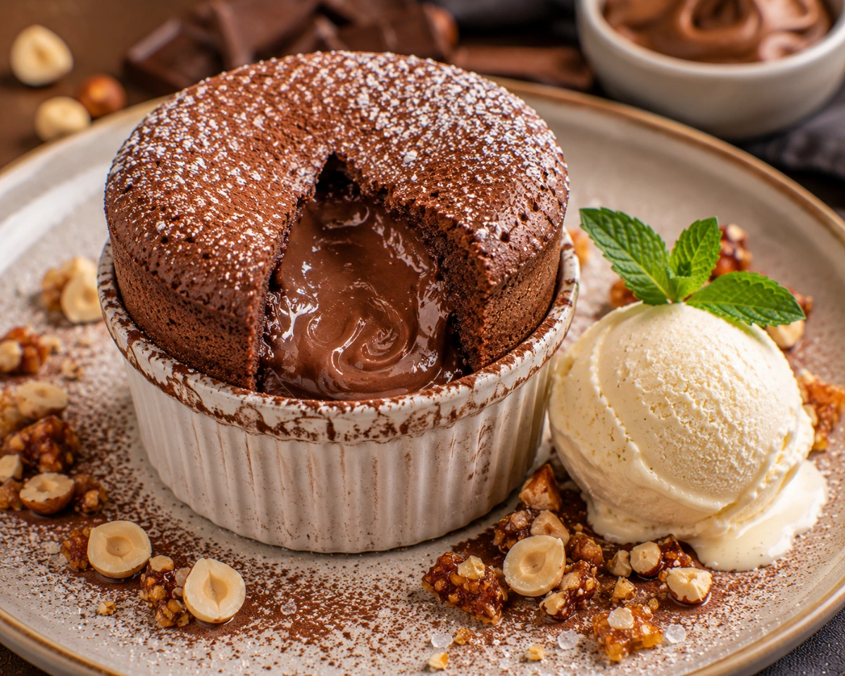 Soufflé de Chocolate con Centro de Avellana y Helado de Vainilla servido en casa con sus ingredientes principales y presentación final