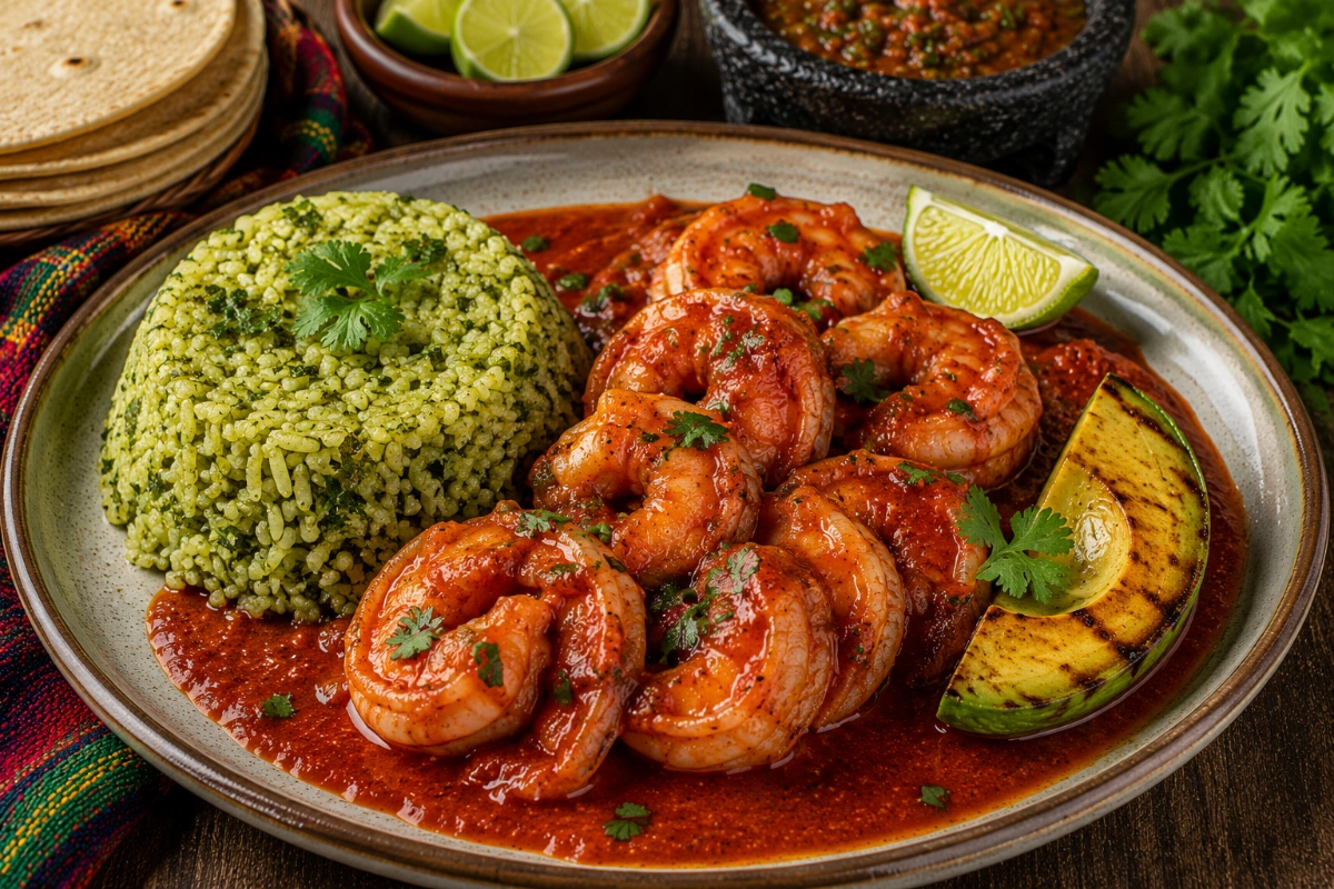 Camarones a la diabla con salsa de chiles tatemados, arroz verde y aguacate asado 15 Camarones a la diabla con arroz verde y aguacate asado