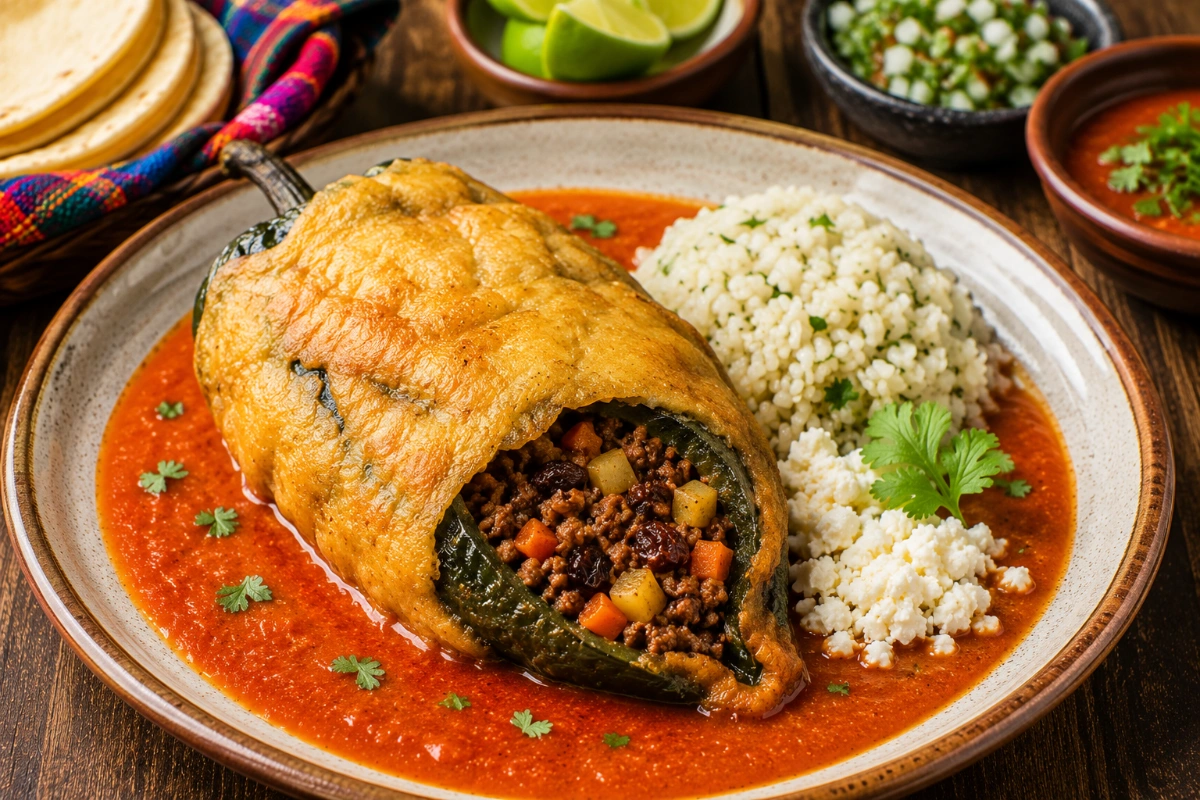 Chile relleno de picadillo capeado con caldillo de jitomate tatemado 44 Chile relleno de picadillo capeado con caldillo de jitomate