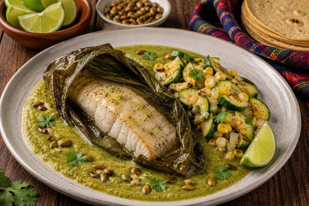 Pescado envuelto en hoja santa con salsa de pepita y calabacitas