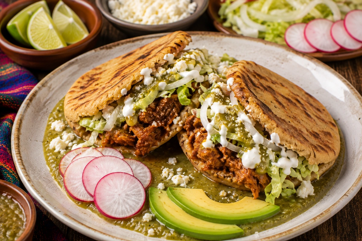 Gordita de maíz quebrado rellena de chicharrón con salsa de tomatillo