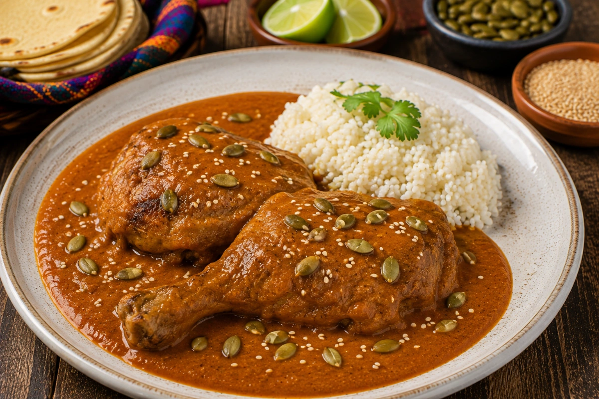 Pollo en pipián rojo con pepita tostada y ajonjolí