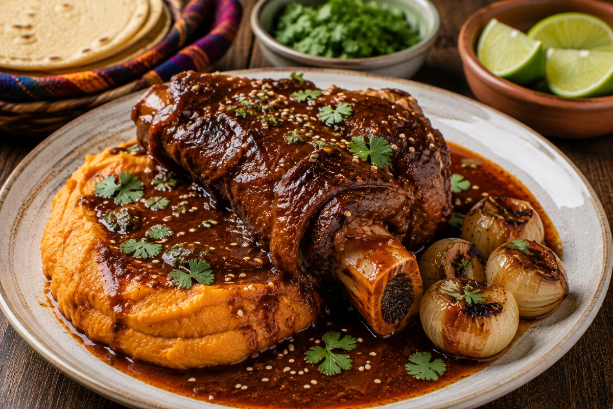 Chamorro de cerdo en adobo con puré de camote y cebollitas asadas