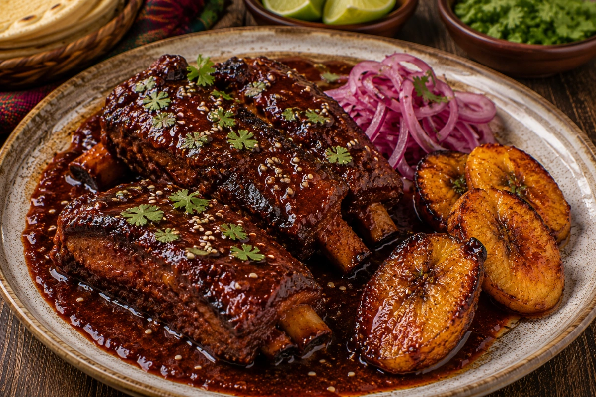 Costillas de cerdo en chileajo con plátano macho y cebollitas encurtidas