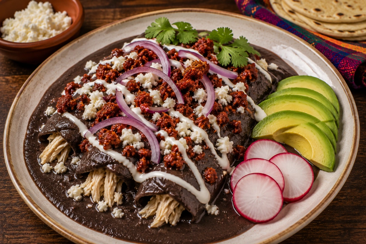 Enfrijoladas oaxaqueñas con pollo y chorizo crujiente
