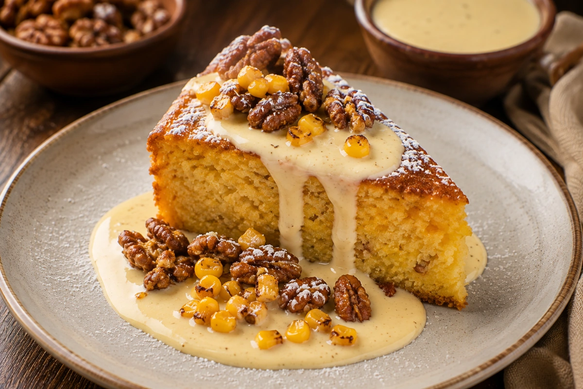 Pastel de elote tierno con crema de rompope y nuez garapiñada 38 Pastel de elote tierno con crema de rompope y nuez garapiñada
