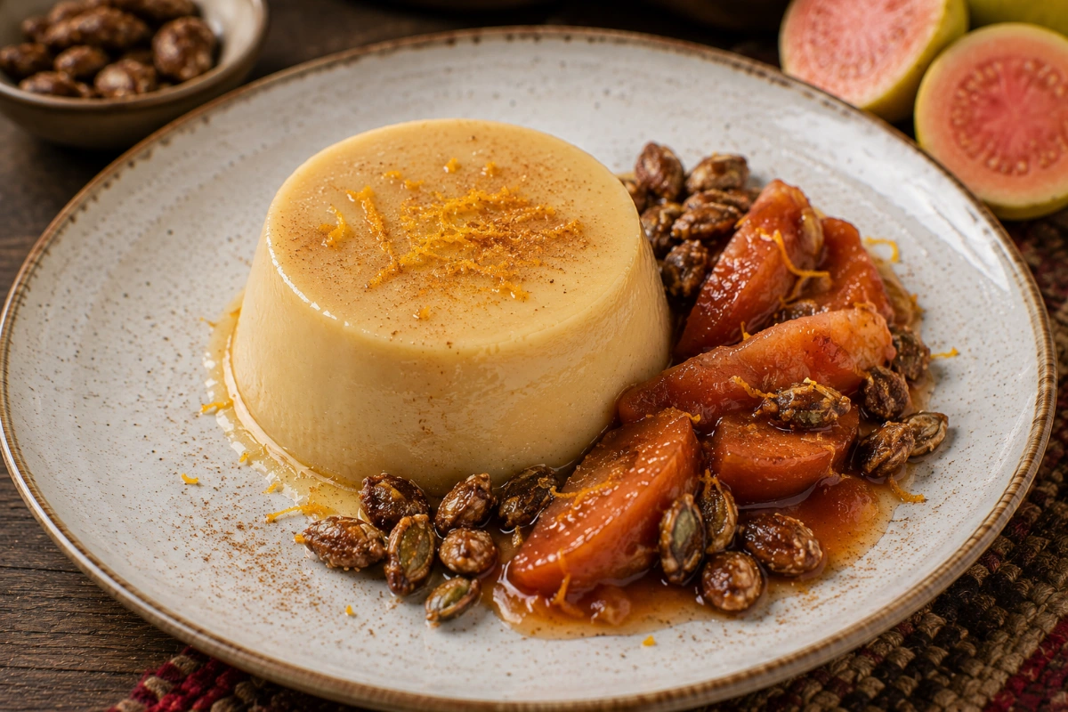 Nicuatole oaxaqueño de vainilla con compota de guayaba y pepitas garapiñadas