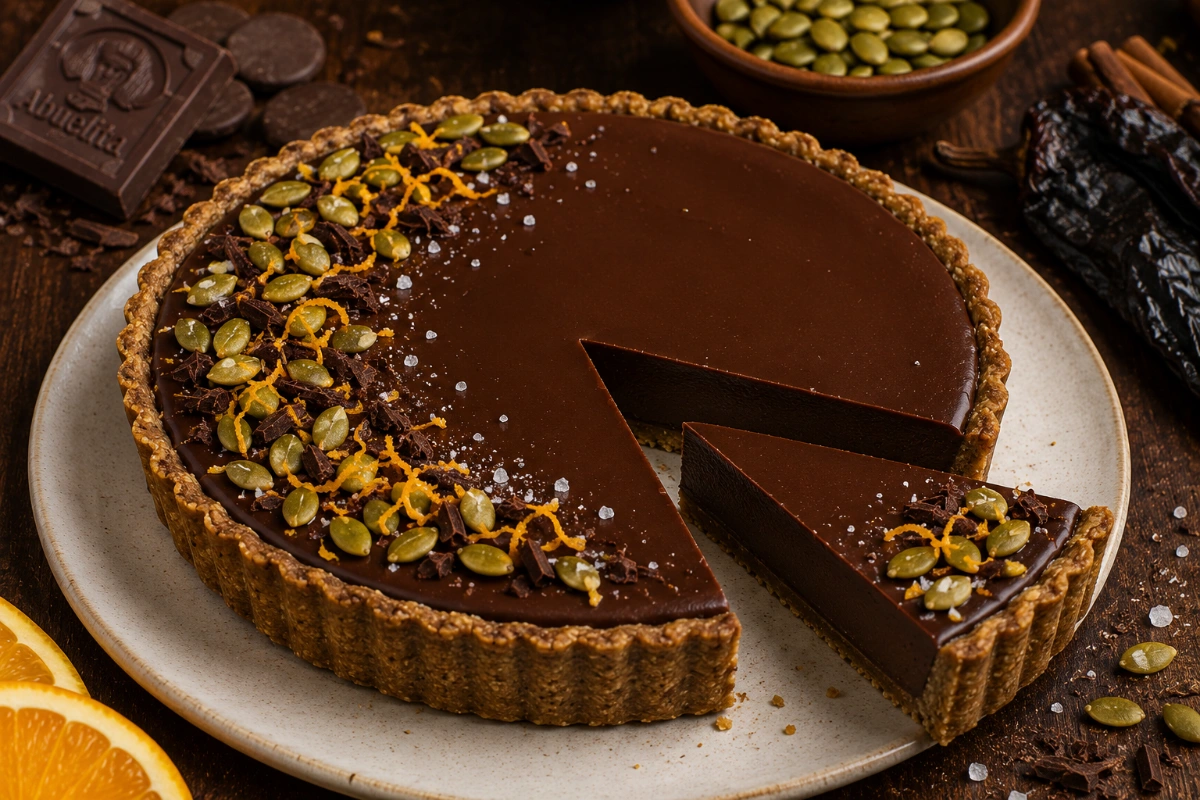 Tartaleta de chocolate Abuelita con chile ancho y costra de pepita