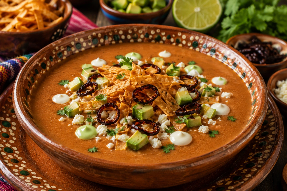Sopa tarasca con chile pasilla crujiente y crema de aguacate 48 Sopa tarasca de frijol con tiras de tortilla
