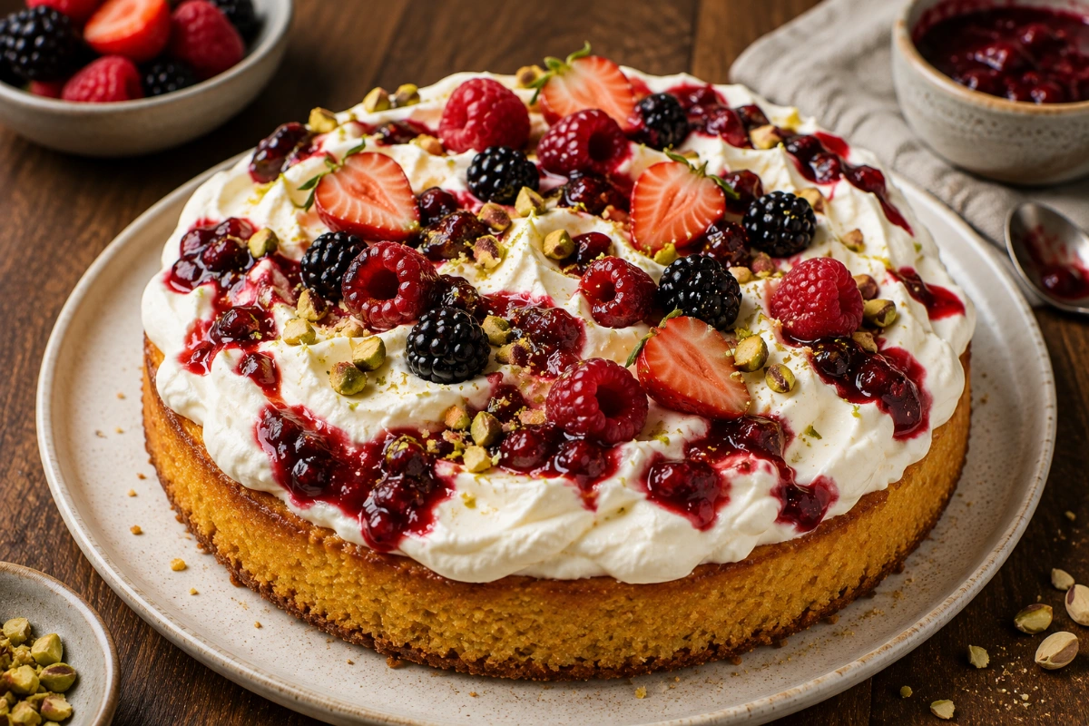 Pastel de elote rostizado con mousse de queso y compota de frutos rojos 54 Pastel de elote rostizado con mousse de queso y compota de frutos rojos