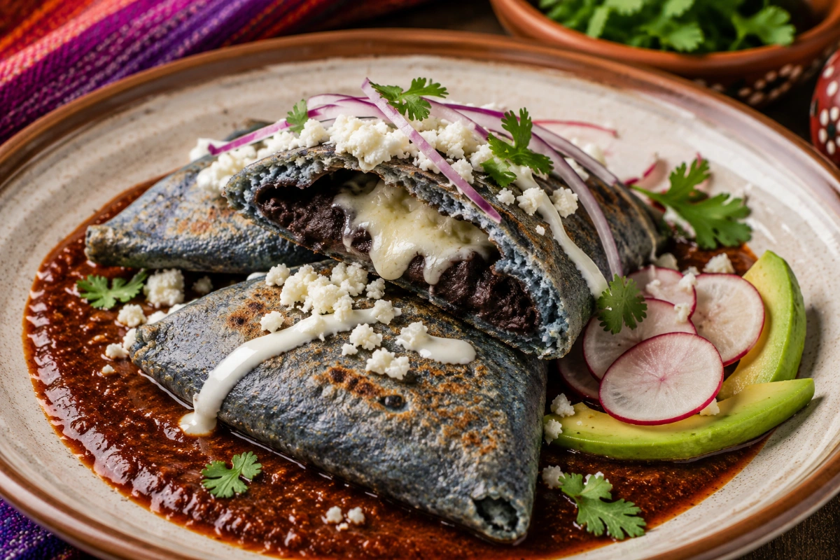 Tetelas de maíz azul rellenas de frijol y quesillo con salsa morita