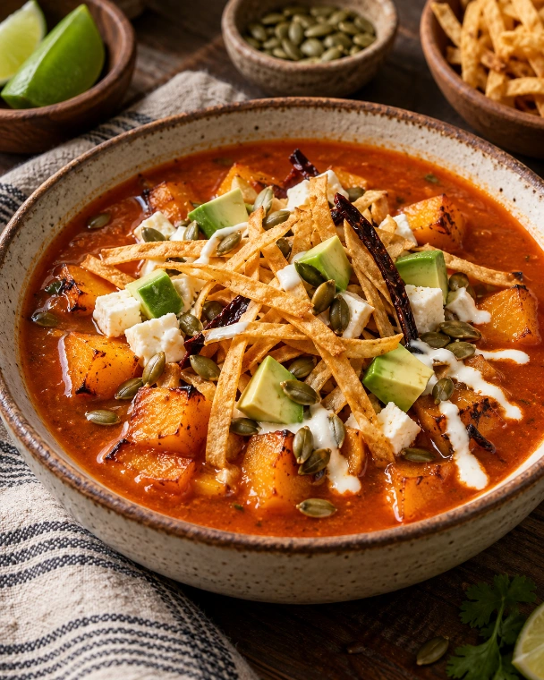 Sopa de tortilla con calabaza rostizada