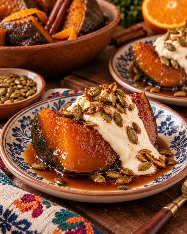 Calabaza en tacha con crema de vainilla y pepitas tostadas