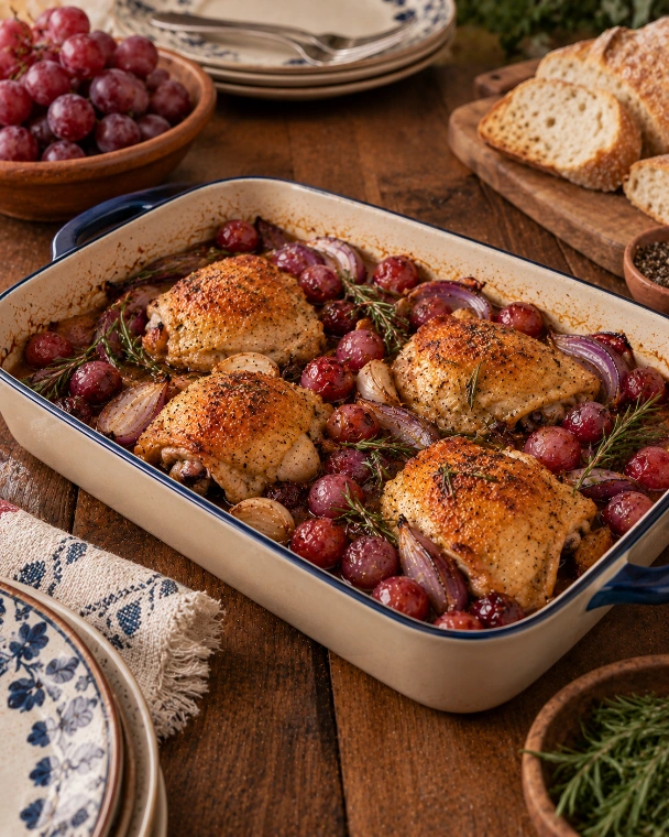 Pollo  con uvas rostizadas
