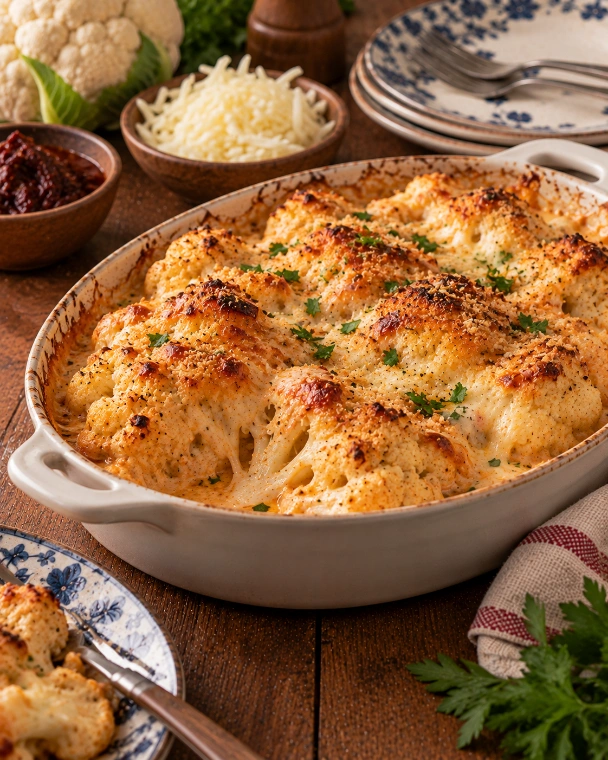Coliflor gratinada con crema de chipotle y queso Oaxaca