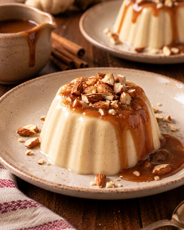 Gelatina de leche y canela con salsa tibia de cajeta