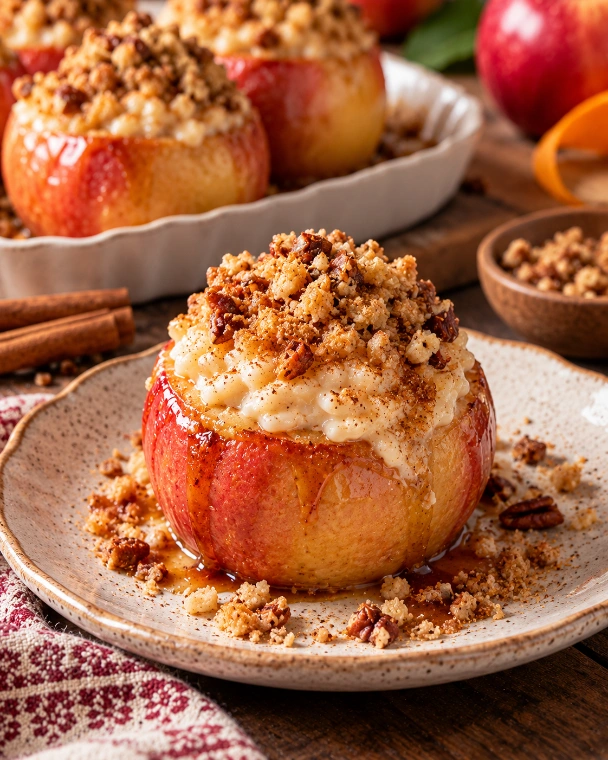 Manzanas asadas rellenas de arroz con leche y costra de nuez