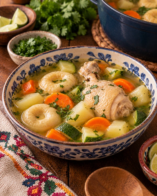 Caldo de pollo con chochoyotes y verduras