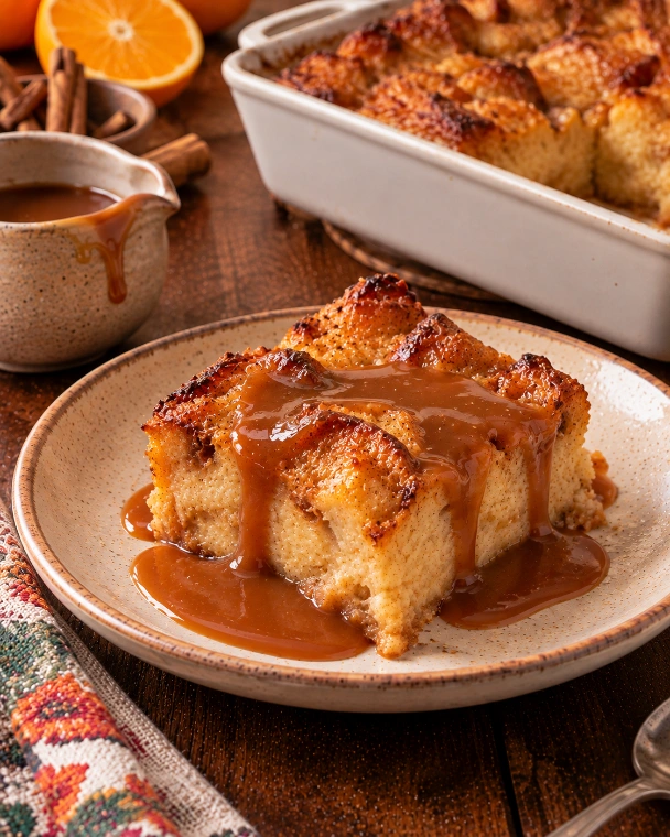 Budín tibio de pan y canela con salsa de cajeta